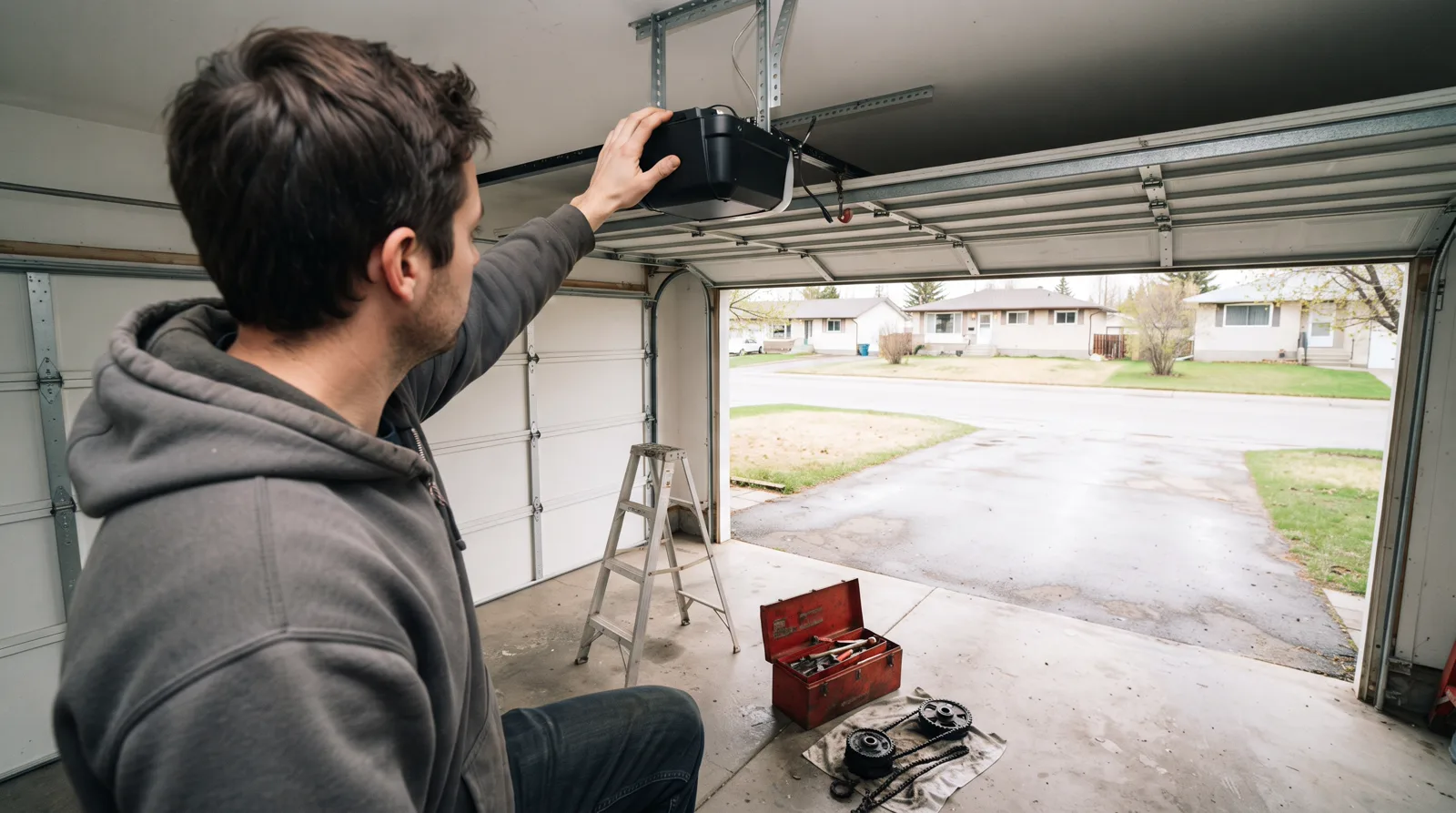 Garage door repair technician's hand on opener motor in Spruce Grove garage, tools on floor, driveway visible beyond