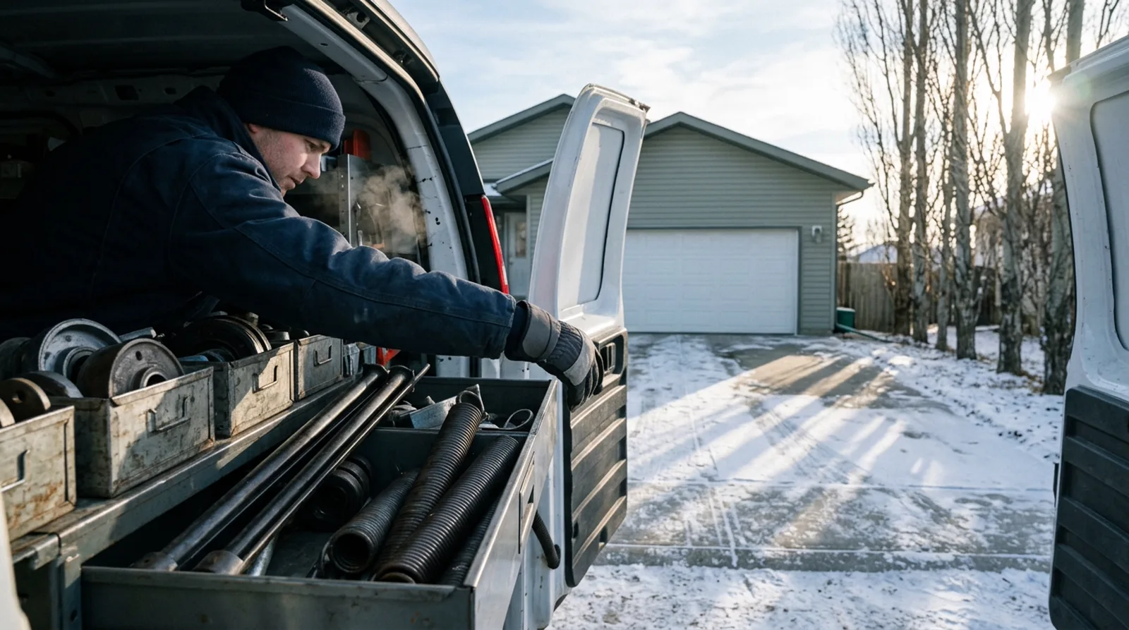 Garage door technician preparing tools at their van on a snowy morning in Spruce Grove