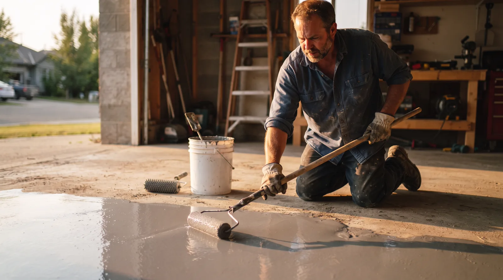 Worker applying epoxy garage floor coating in Spruce Grove during evening light.