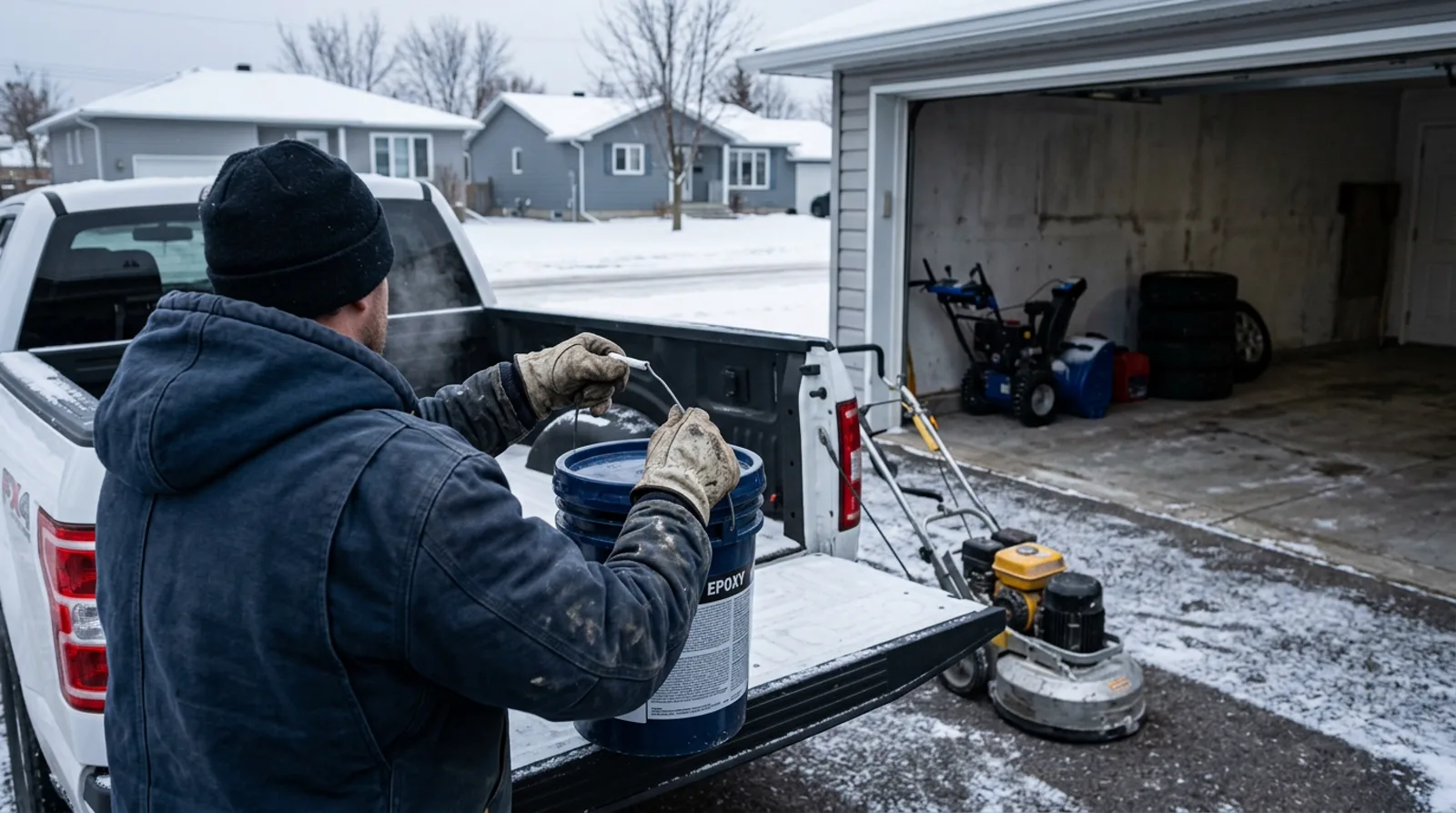 Garage floor contractor unloads epoxy pails from truck outside home in Spruce Grove on cold winter morning