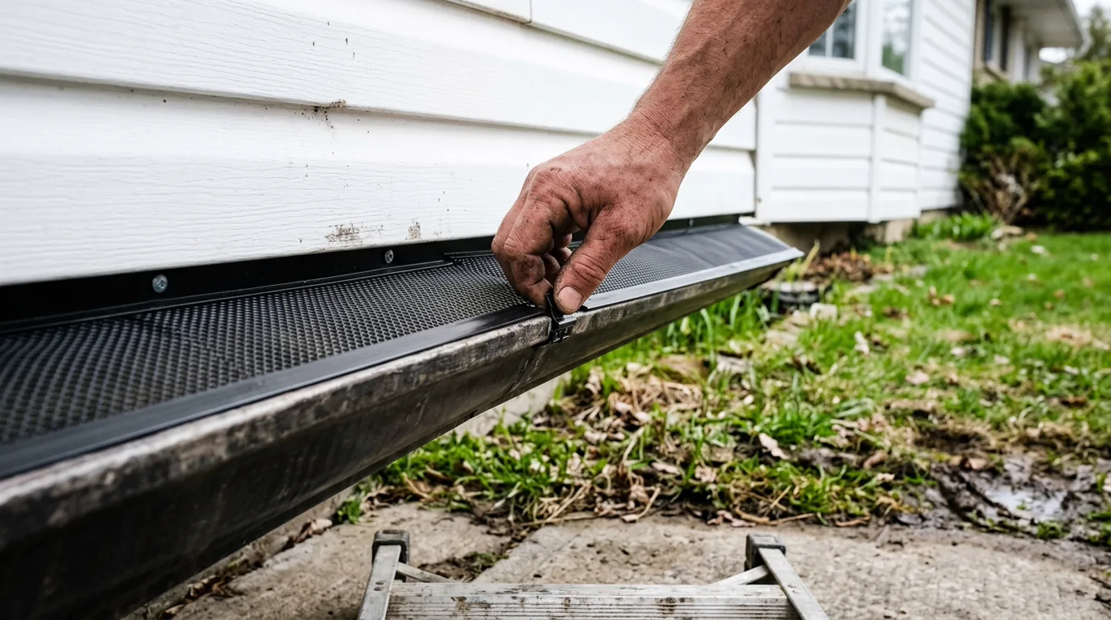 Installer's hand checking fitted gutter guards on a Spruce Grove home, black mesh secured along the roofline