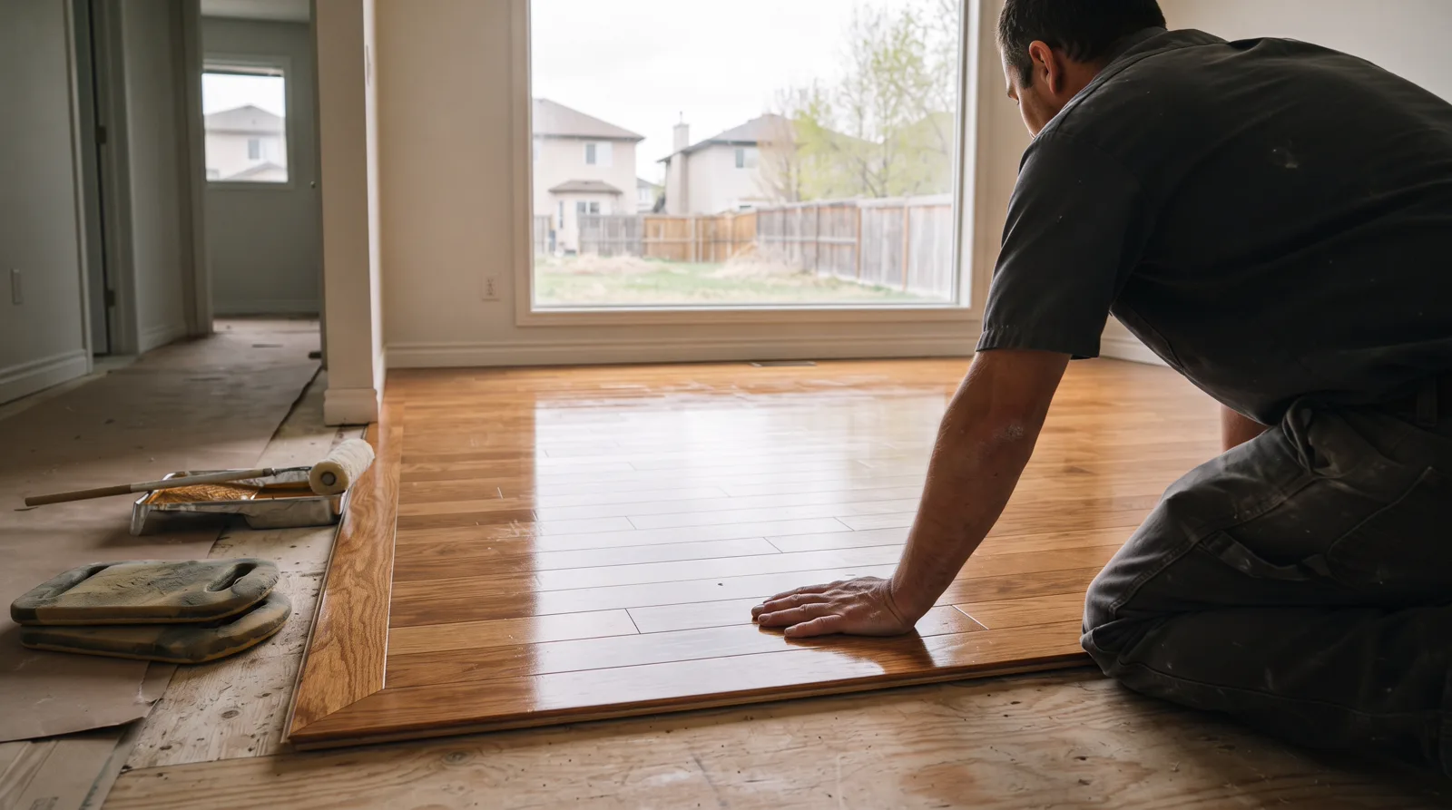 Floor refinisher's hand on newly finished oak hardwood in a Spruce Grove home