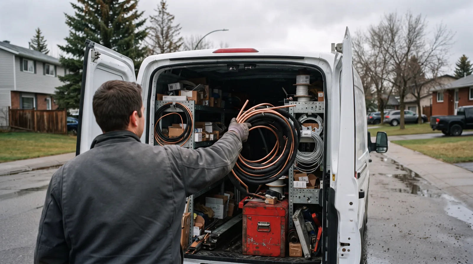 HVAC technician selecting refrigerant lines from organized van in Spruce Grove