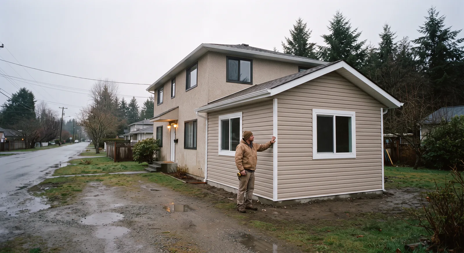 Builder at a newly completed home addition in Spruce Grove on a wet spring day