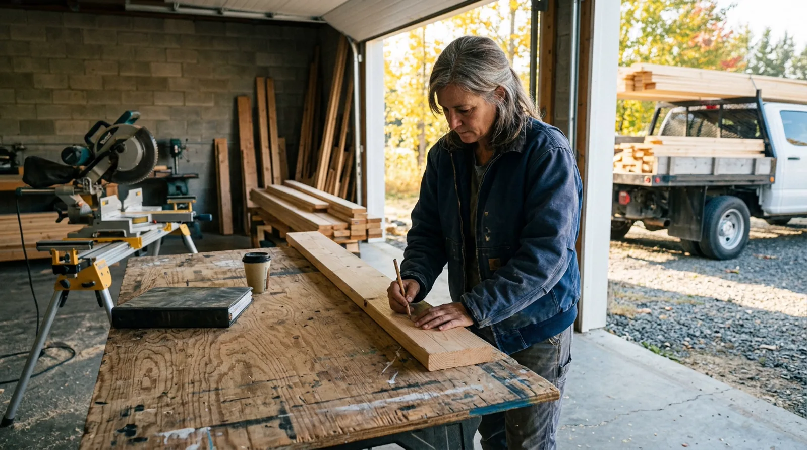 Home builder marking cut lines on framing lumber in workshop, Spruce Grove