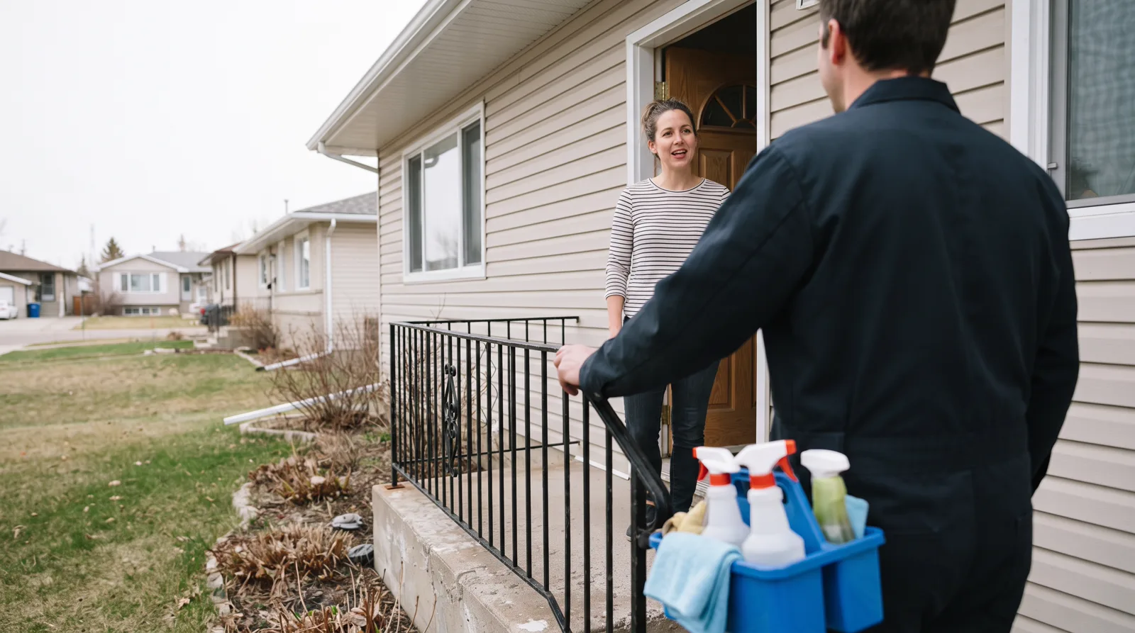 Homeowner and house cleaner chatting on front step in Spruce Grove