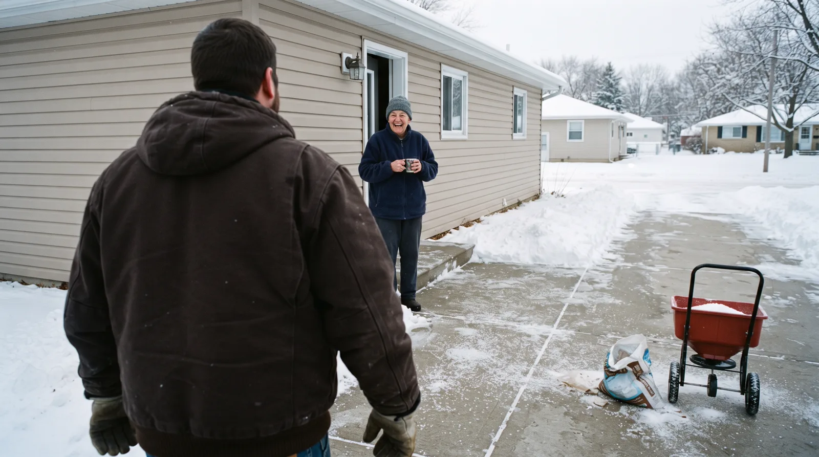 Ice control worker and homeowner talking on front step in Spruce Grove after salting the driveway