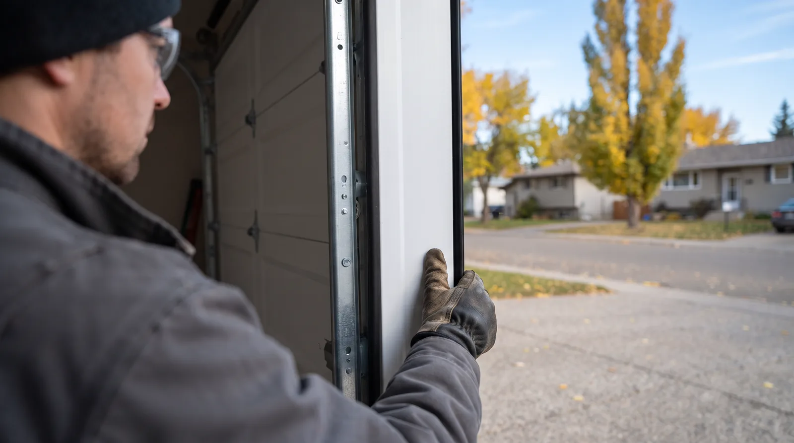 Worker's hand on new insulated garage door in Spruce Grove driveway
