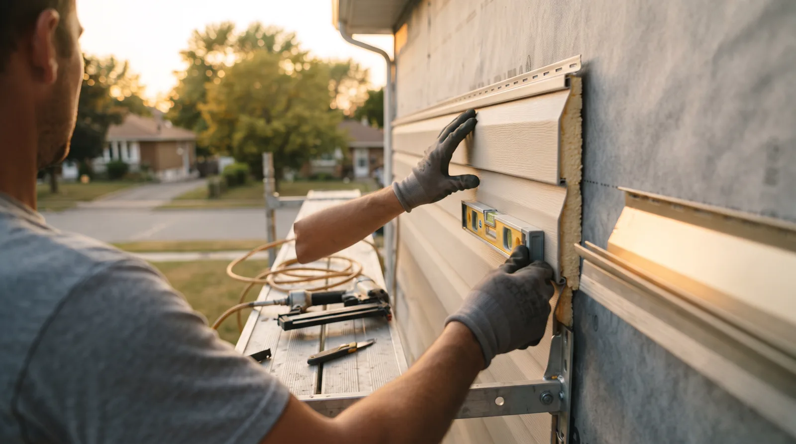 Worker's hands aligning insulated siding on a Spruce Grove home