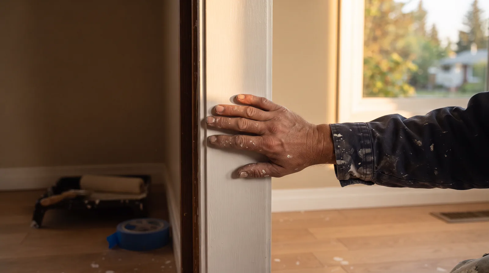 A painter's hand rests on freshly painted white trim in a Spruce Grove home at sunset.