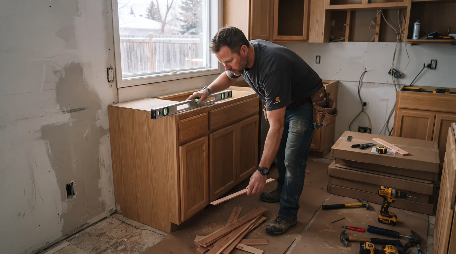 Cabinet installer checking level on base unit during kitchen renovation in Spruce Grove