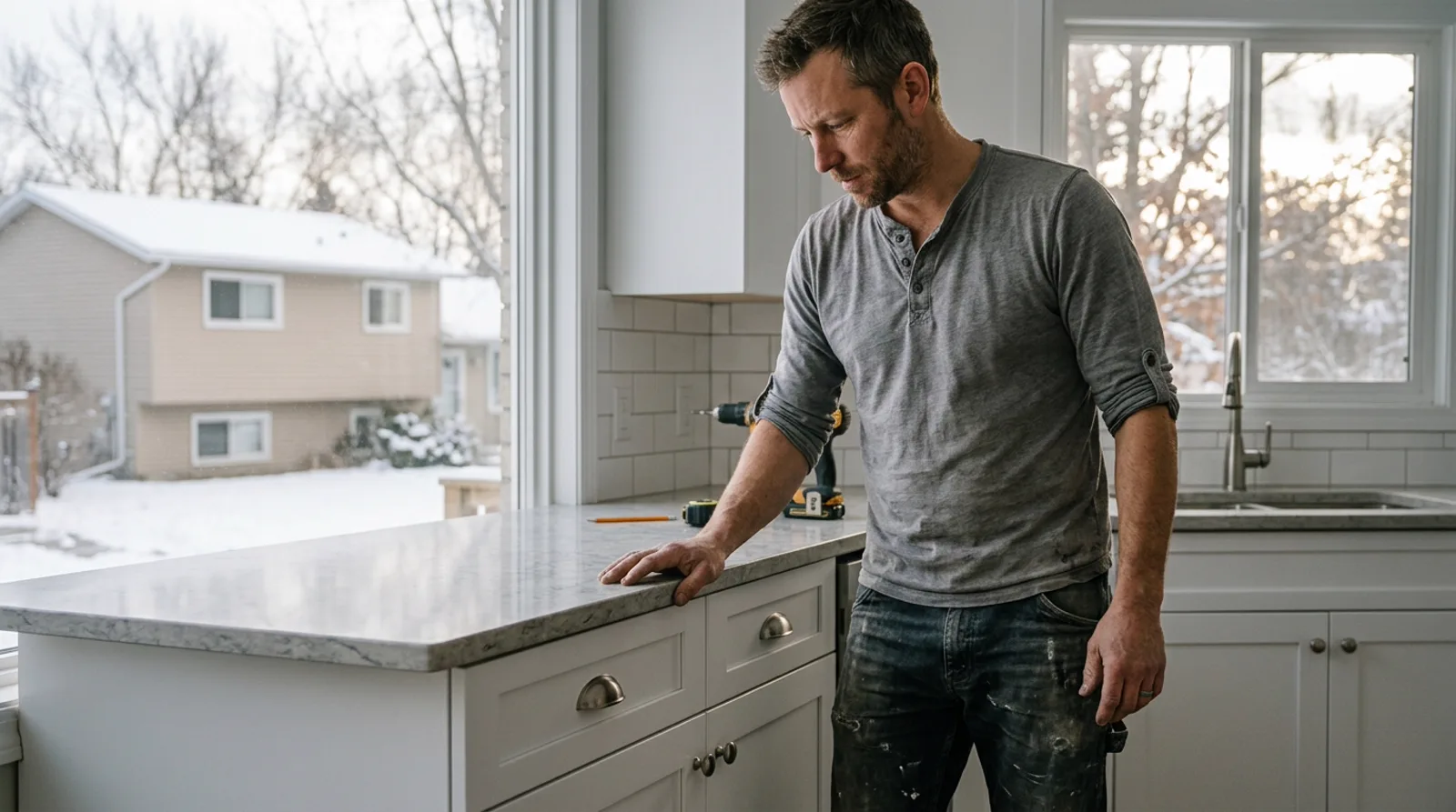 Kitchen renovator checking new countertop installation in Spruce Grove home on a winter afternoon