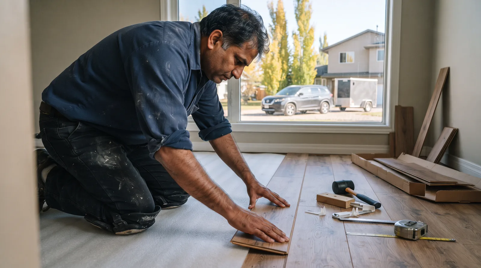 Laminate flooring installer working in a Spruce Grove home on an autumn afternoon