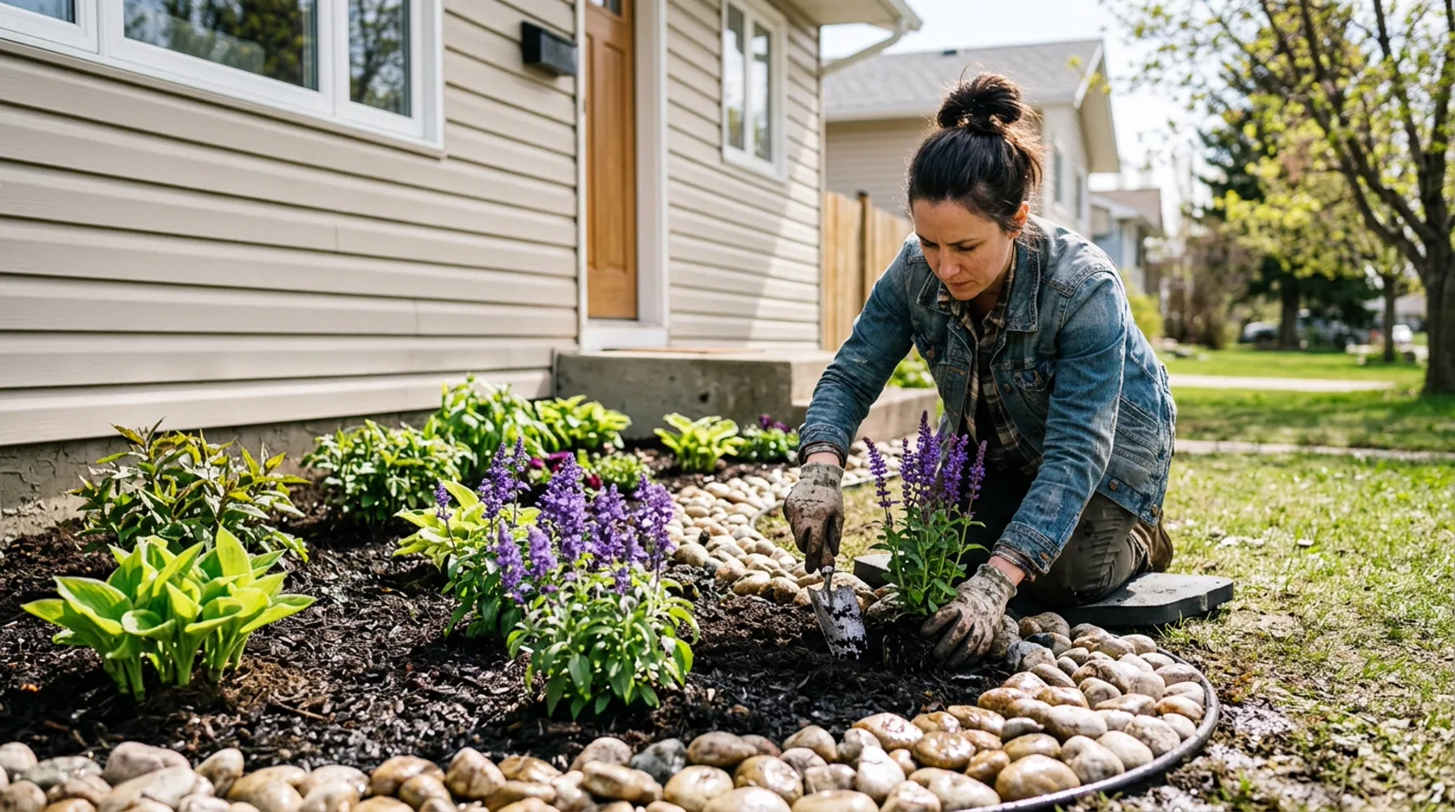 Fresh landscaping work showing planted garden bed with mulch and stone in Stony Plain