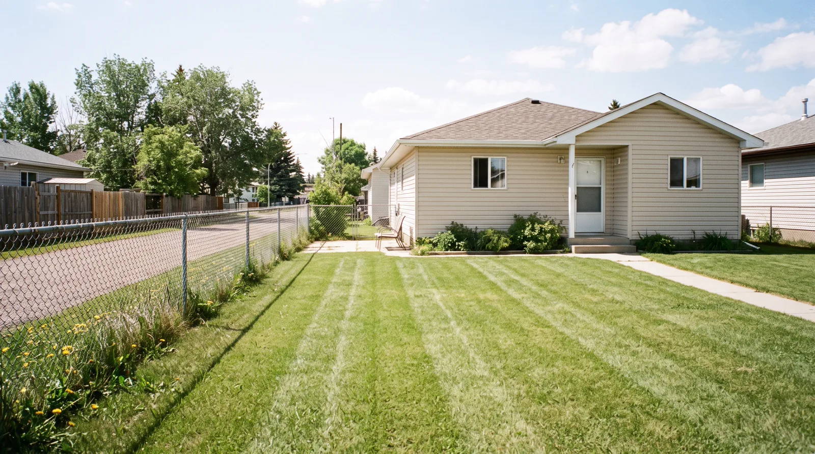 Freshly mowed lawn with parallel stripes at a home in Spruce Grove