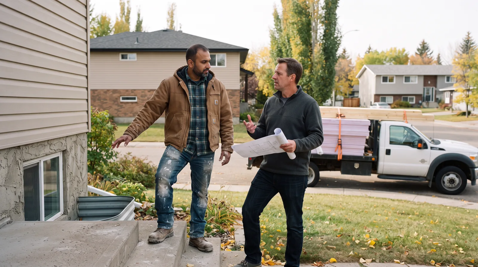 Basement suite contractor and homeowner talk on a front step in Spruce Grove on an autumn day