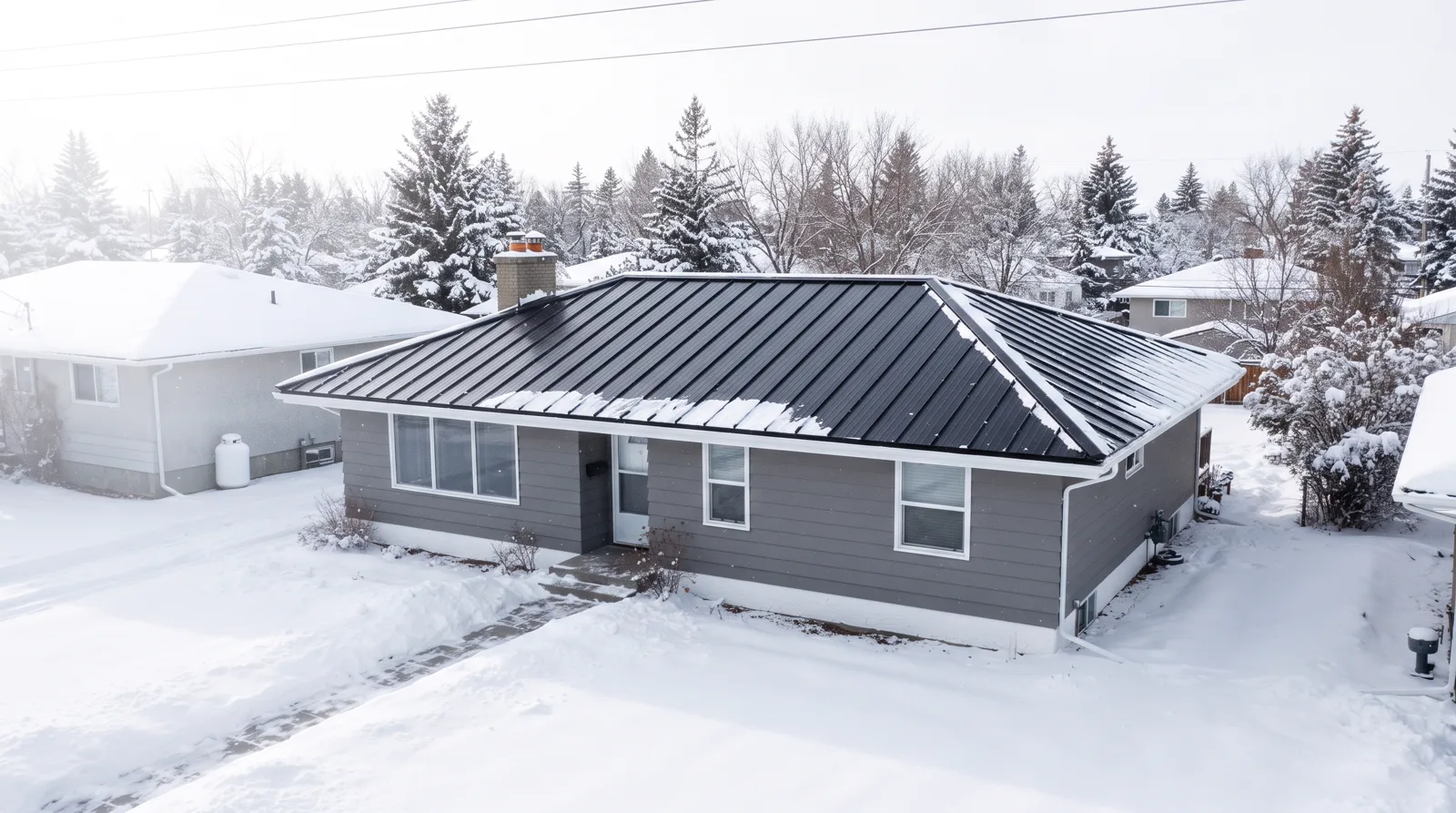 Finished metal roofing on a Spruce Grove home in winter with snow highlighting the standing seam panels.