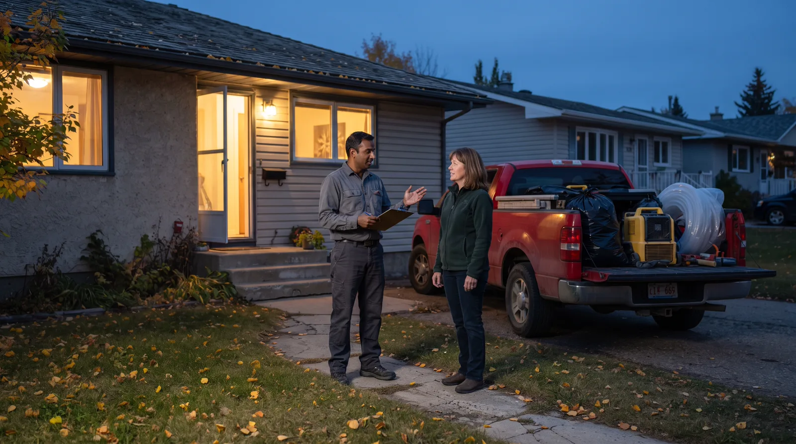 Mold removal specialist talking with homeowner on front step in Spruce Grove at dusk