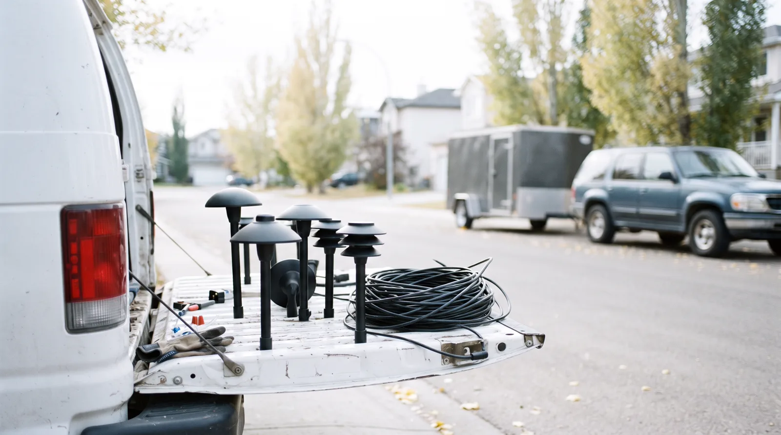 Outdoor lighting fixtures and cable ready for installation on van tailgate in Spruce Grove