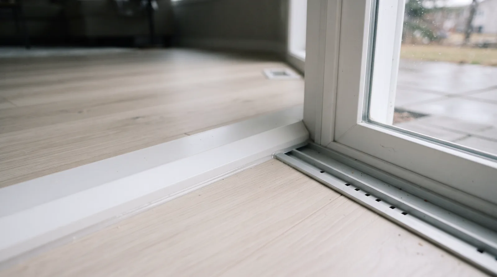 Close-up of patio door threshold installation in Spruce Grove showing aluminum sill and fresh caulking.