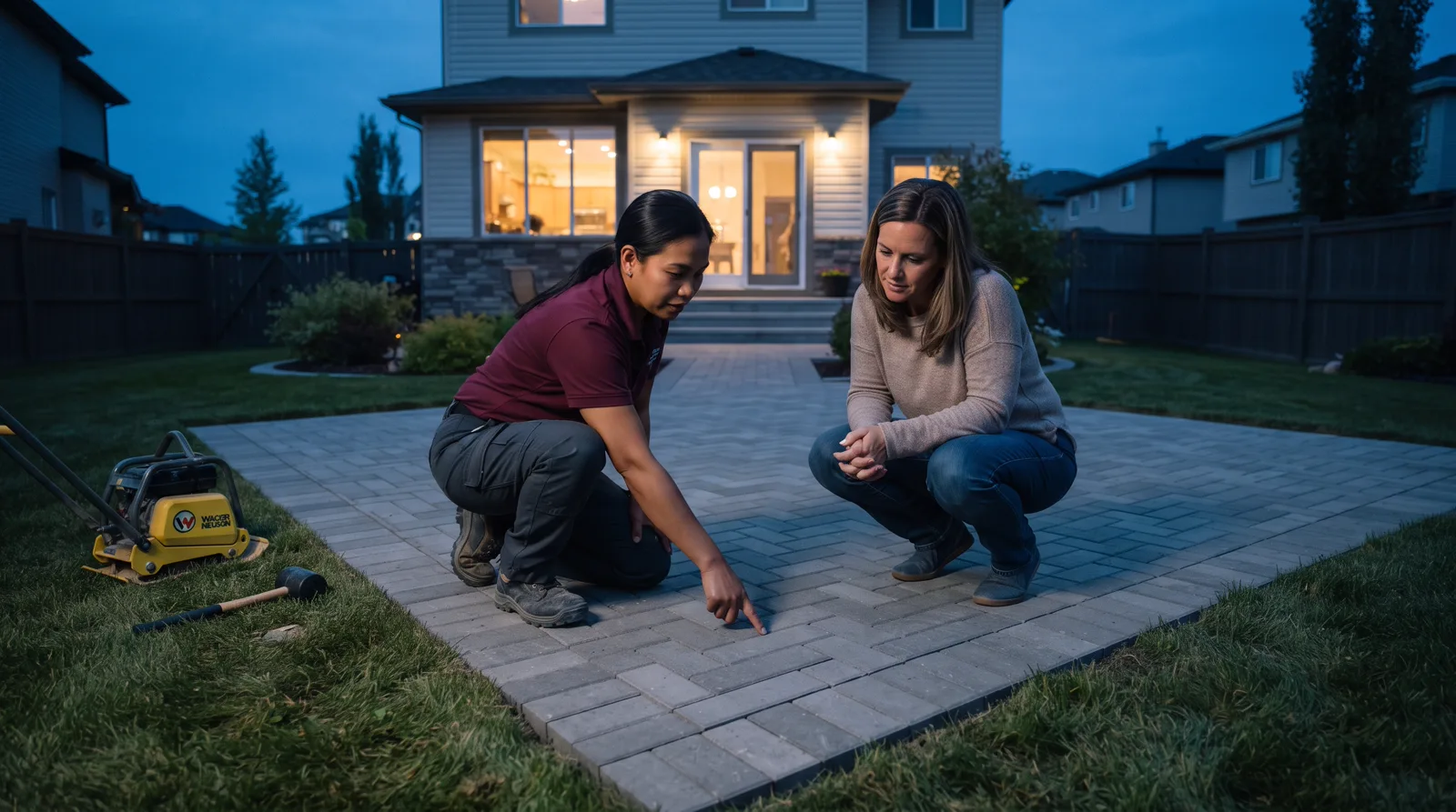A patio installer and homeowner review completed paver work in a Spruce Grove backyard at dusk.
