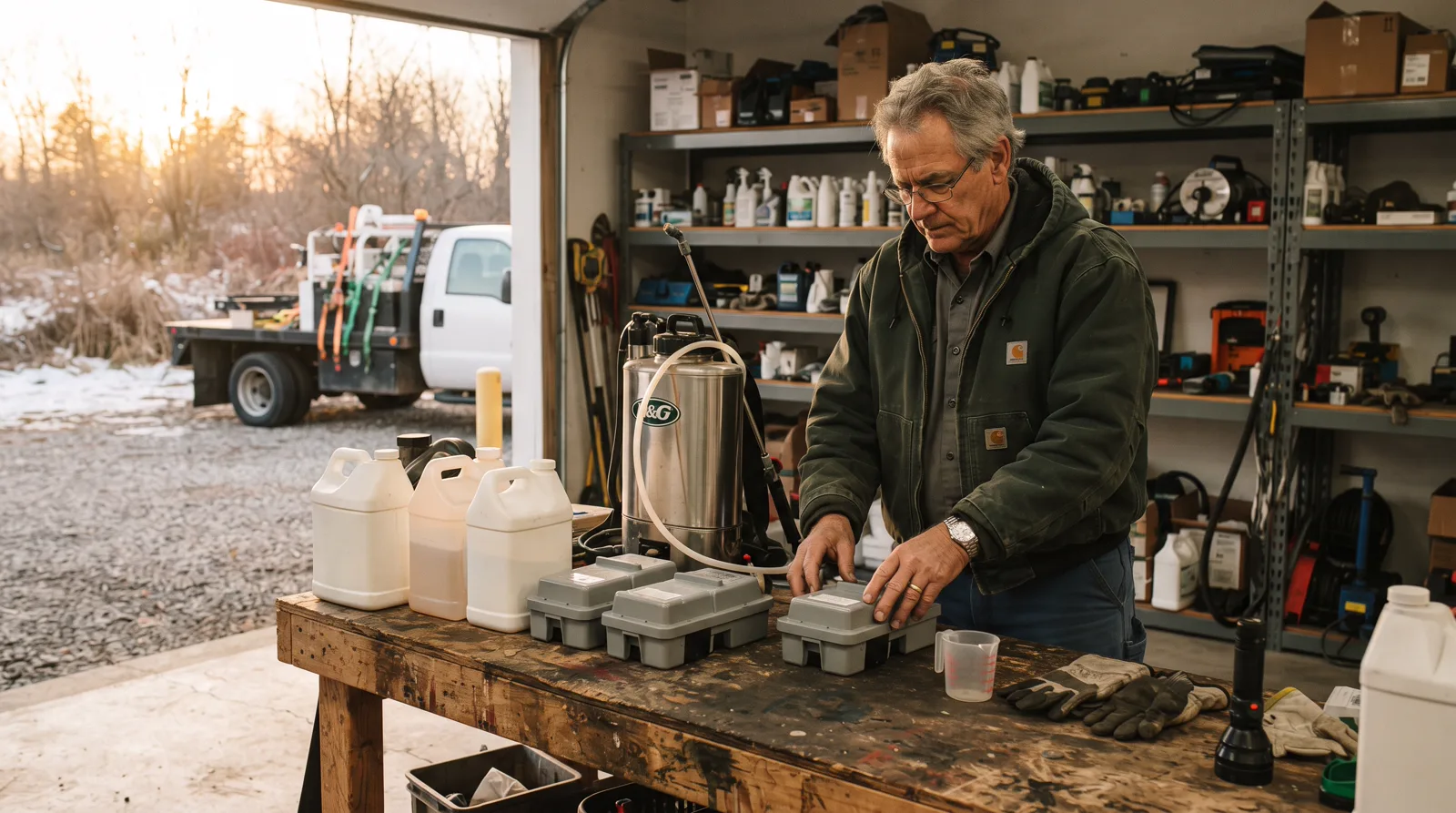 Pest control technician organizing equipment in Stony Plain shop bay at sunset