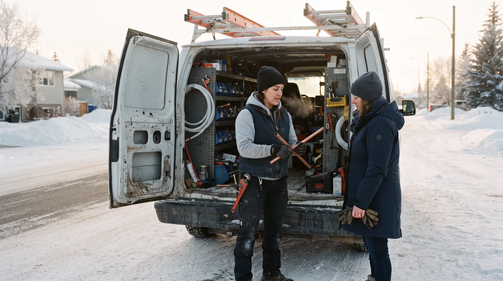 A plumber and homeowner discuss a pipe repair beside her van on a snowy Spruce Grove street