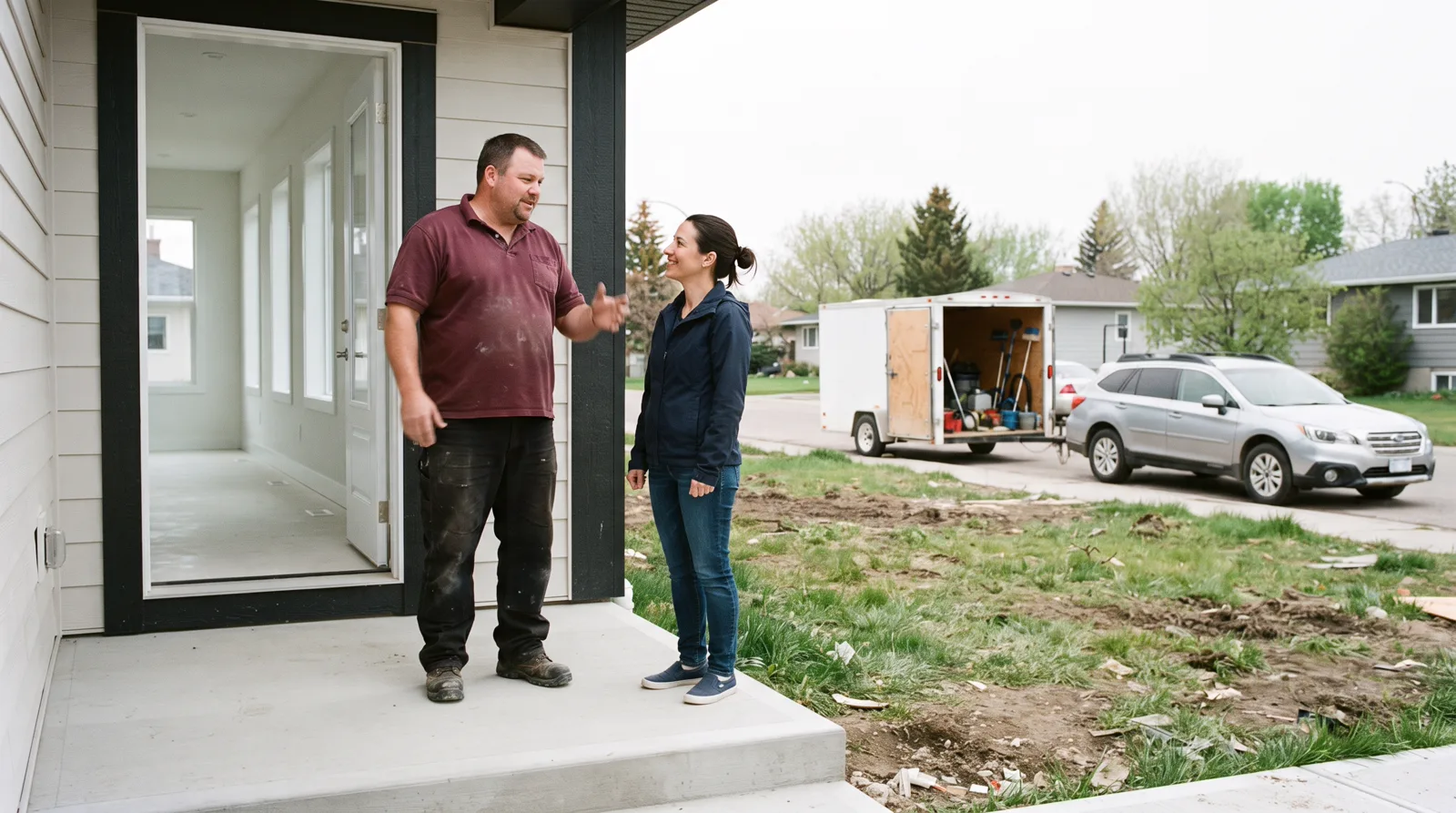 Post-construction cleaner chats with homeowner on new home's front step in Spruce Grove