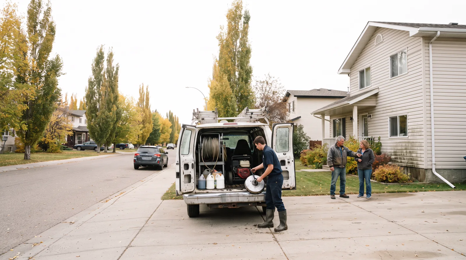 Pressure washing crew with their van and homeowner on a residential street in Spruce Grove, Alberta.
