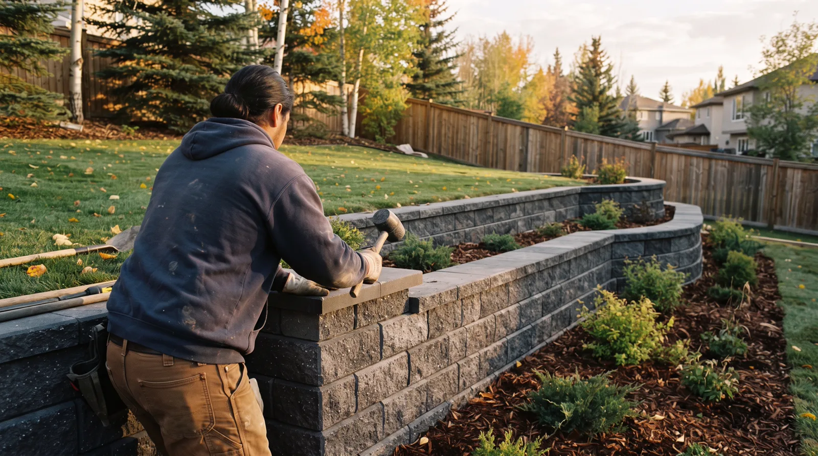 A charcoal grey block retaining wall steps through a Spruce Grove backyard in warm autumn light.