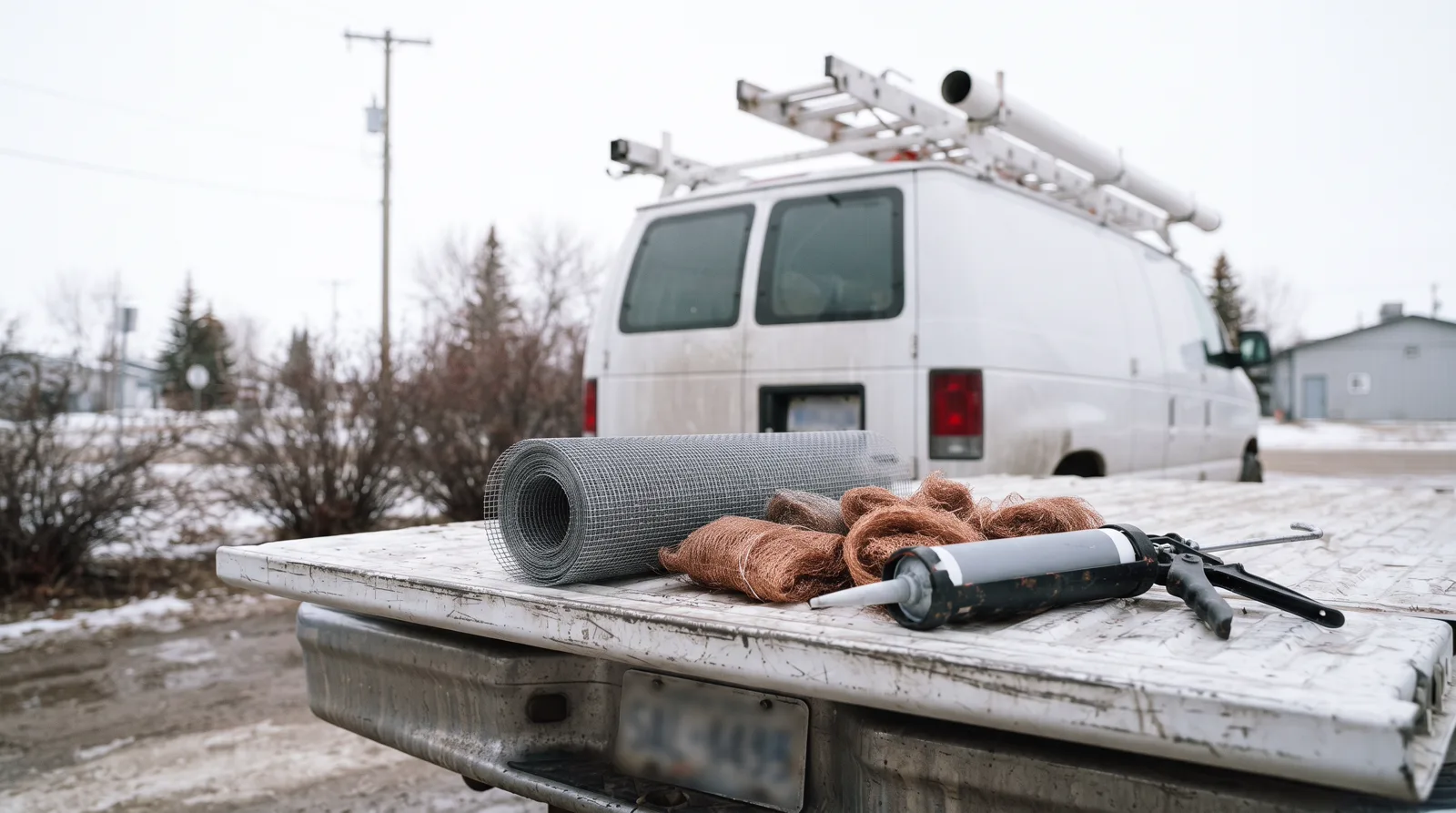 Rodent control supplies on a truck tailgate during morning setup in Spruce Grove