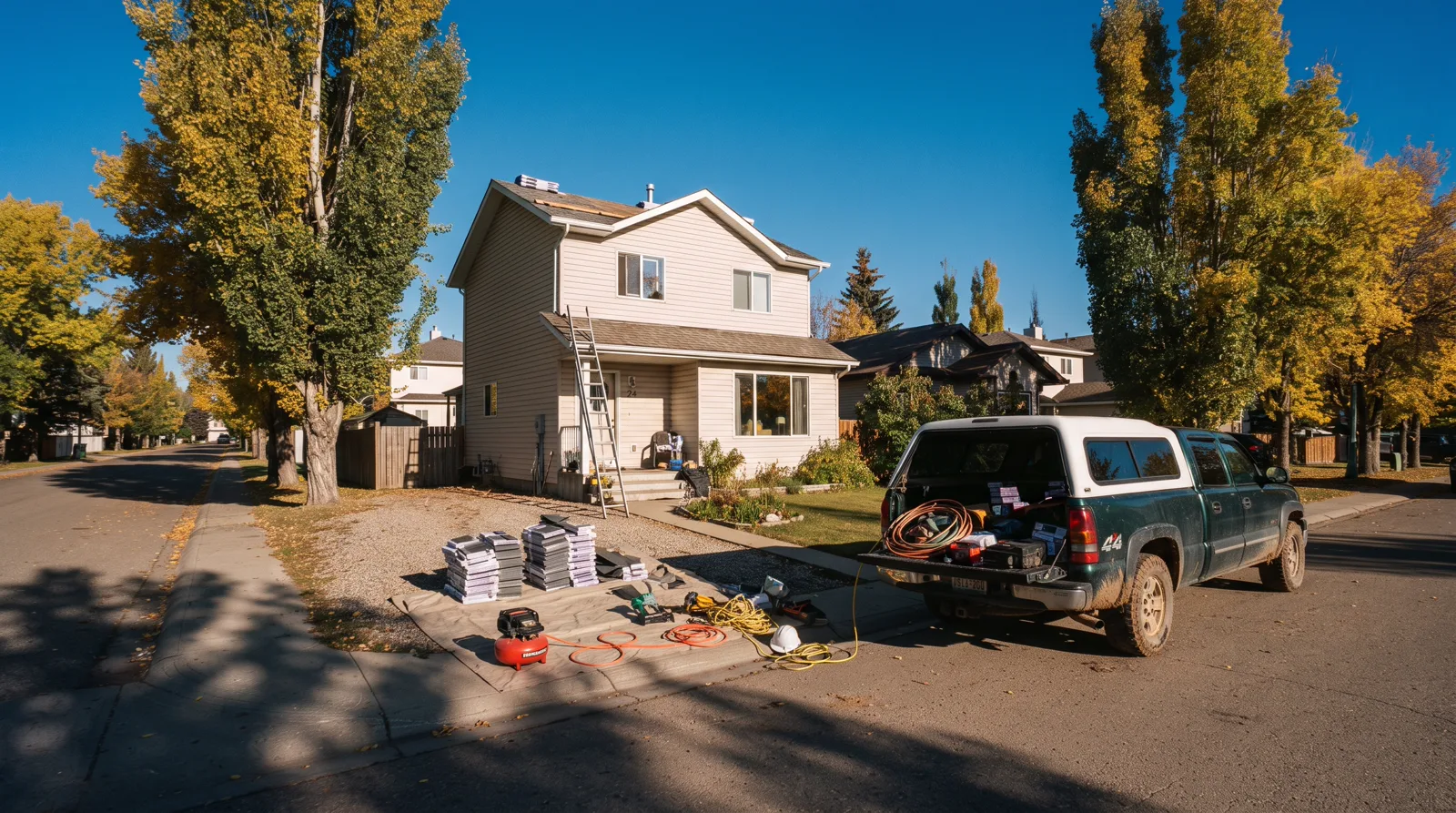 Roof repair tools and shingles laid out in a Spruce Grove driveway on a bright autumn morning