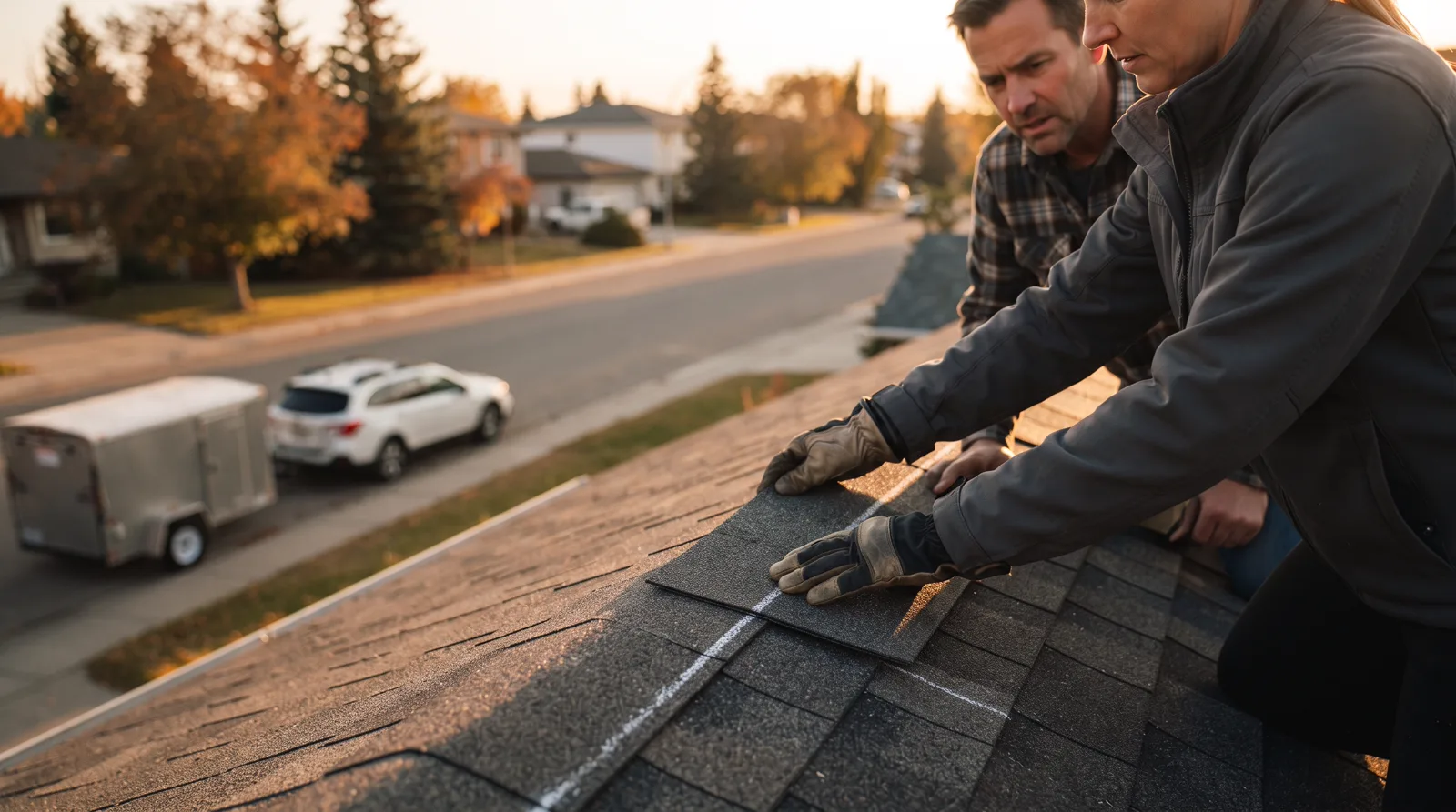 Roofer installing shingles with homeowner observing on a Spruce Grove home at golden hour