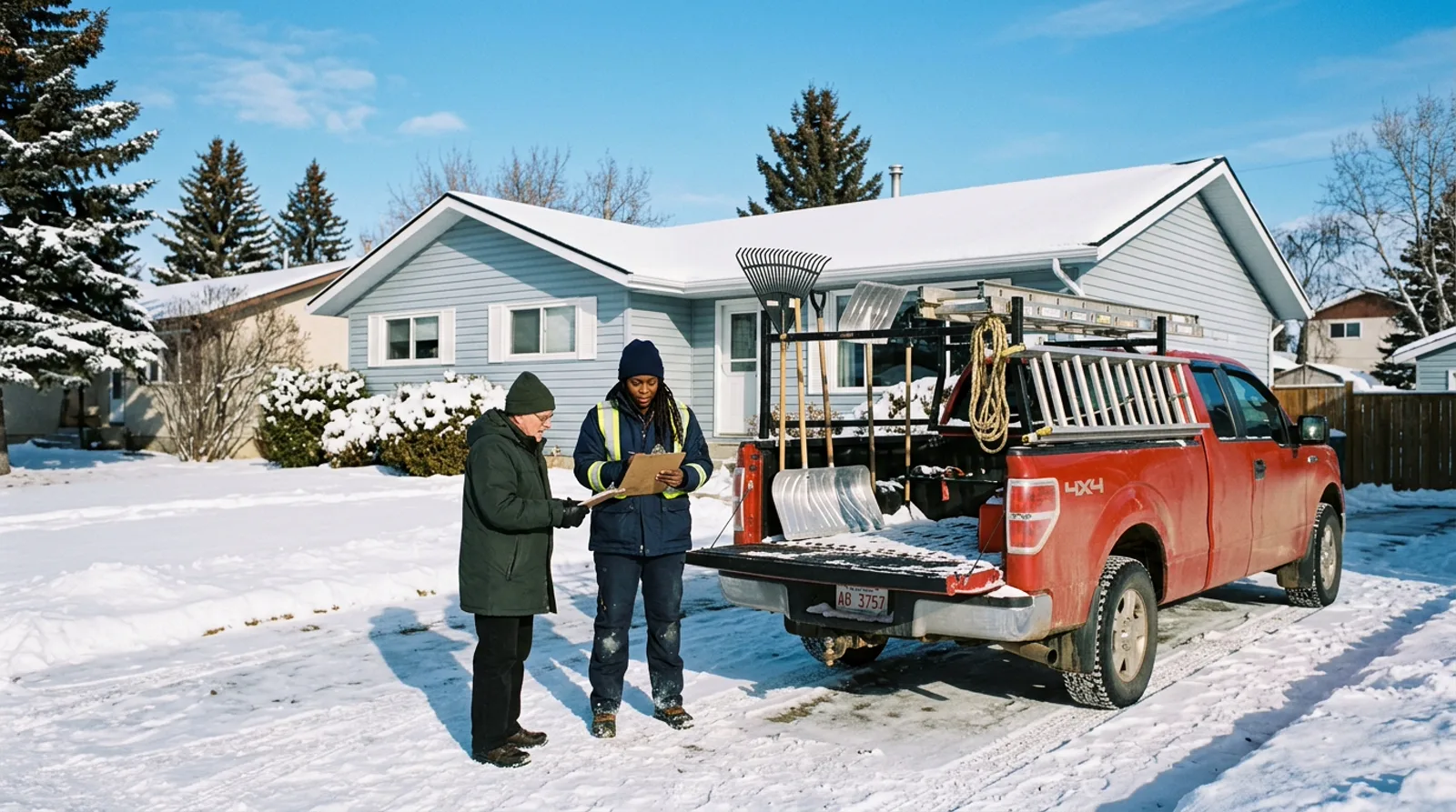 Roof snow removal worker with homeowner and red truck in Spruce Grove winter