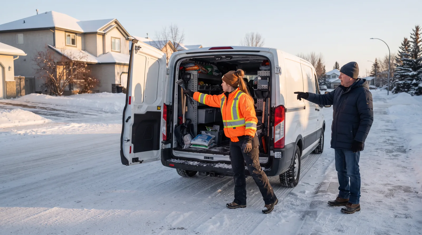 Snow removal worker and homeowner discuss service by work van in Spruce Grove.