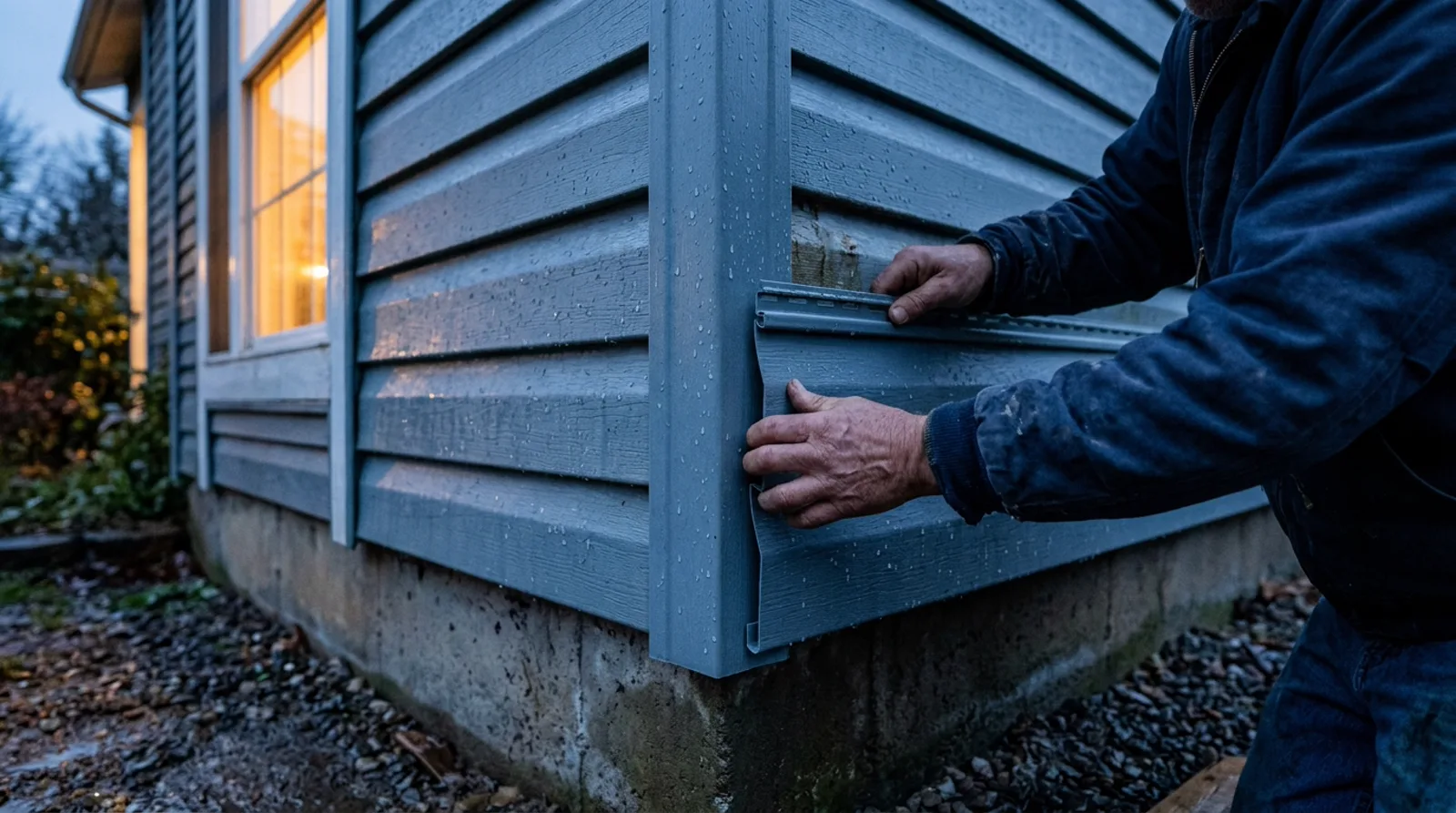 Vinyl siding repair detail on a Spruce Grove home at dusk with warm interior light.