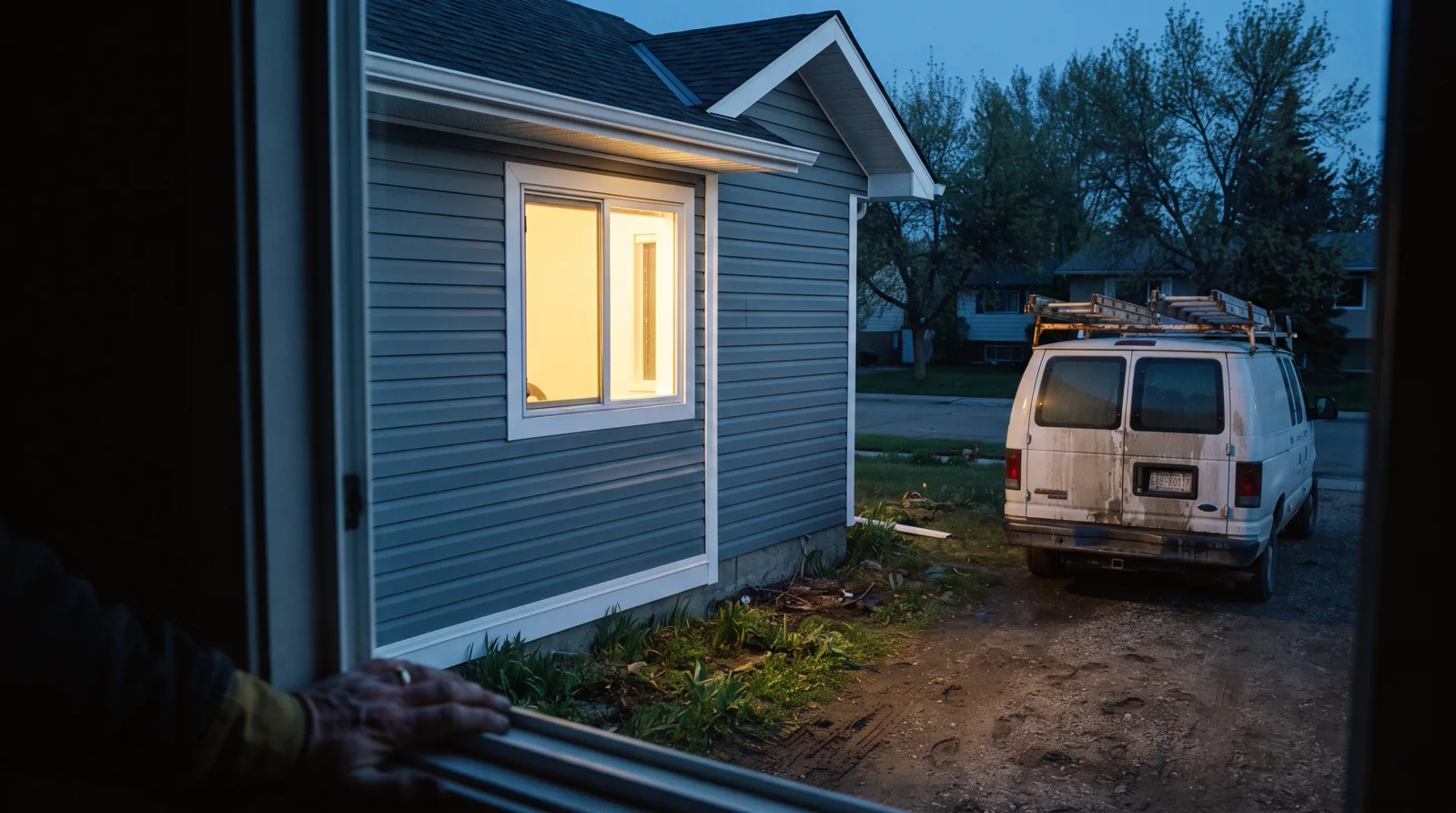 Newly installed siding on a Spruce Grove home in evening light
