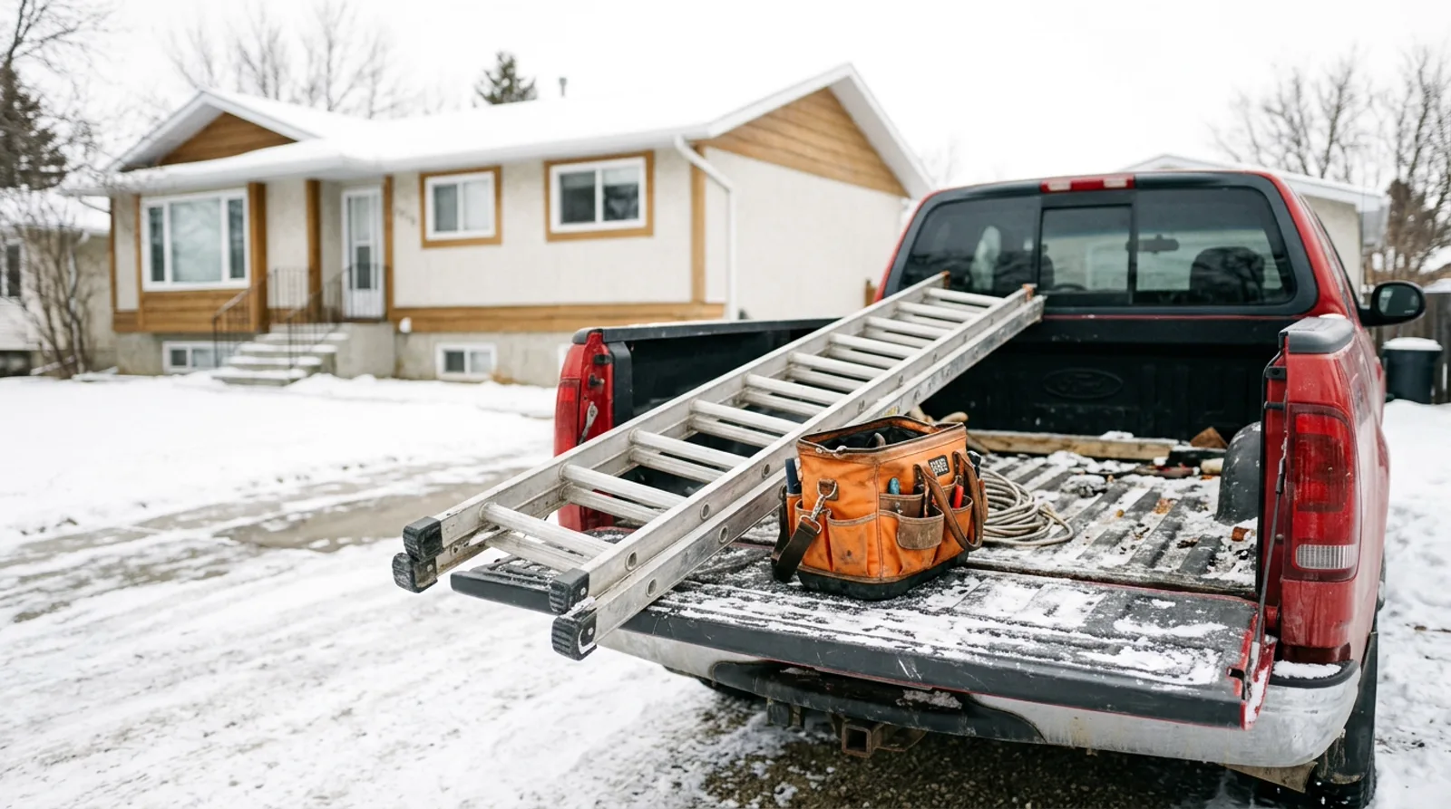 A residential home in Spruce Grove with a red pickup truck parked in the driveway after smoke detector work