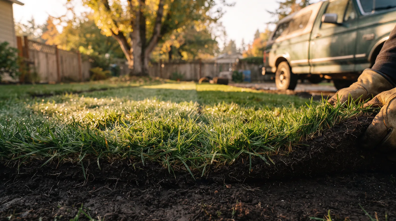 Close-up of fresh sod seam in Spruce Grove, grass blades and soil lit by low autumn sun
