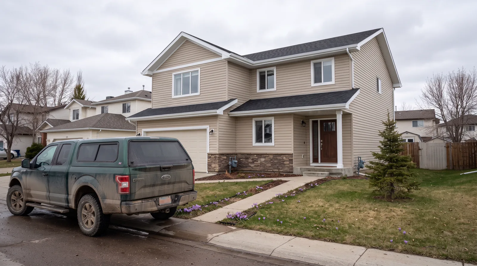 Completed white soffit and fascia installation on a home in Spruce Grove, Alberta