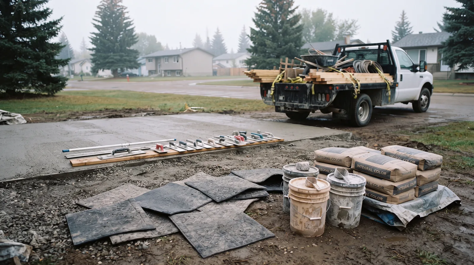 Stamped concrete tools and materials on a driveway in Spruce Grove at early morning