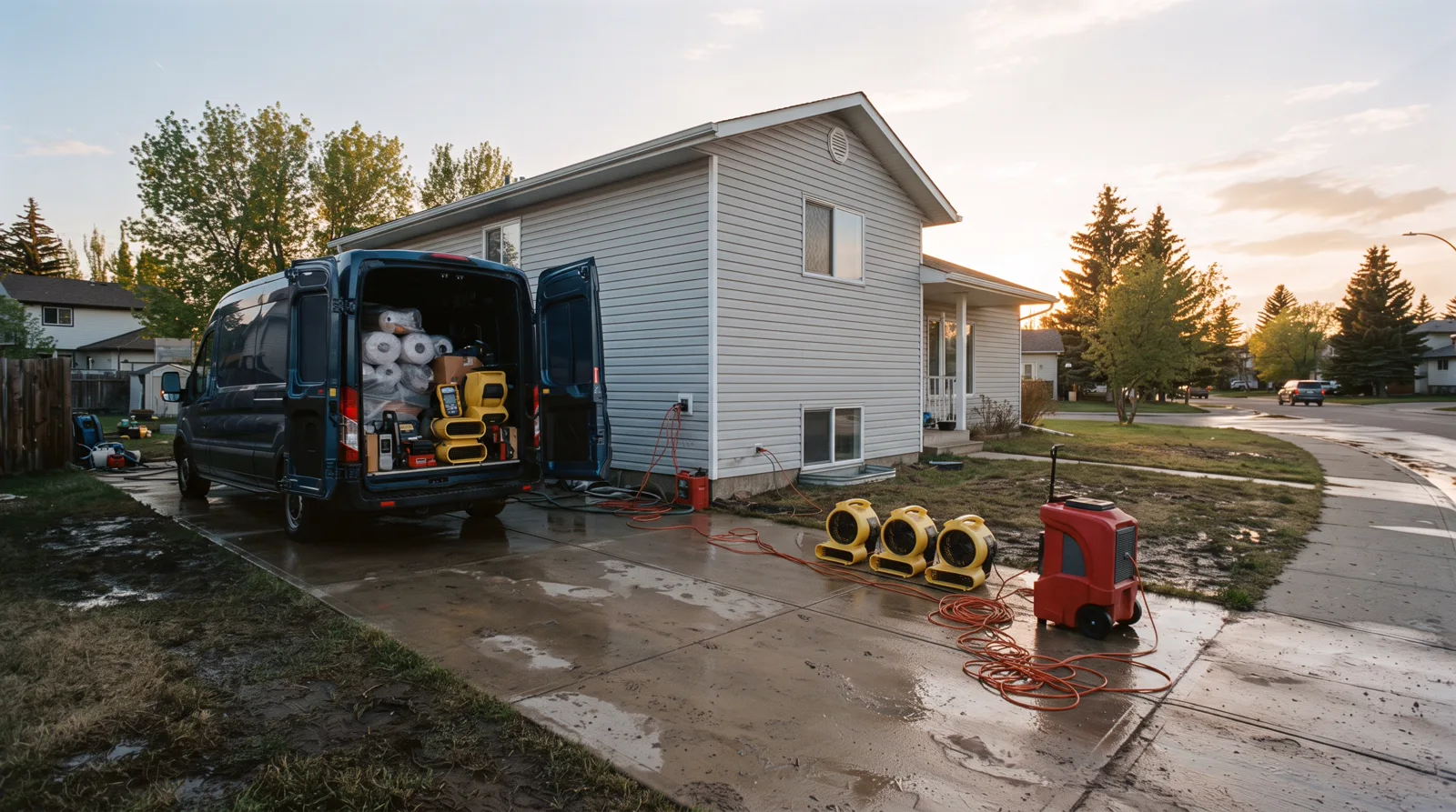 Water damage equipment outside a Spruce Grove home after spring flooding