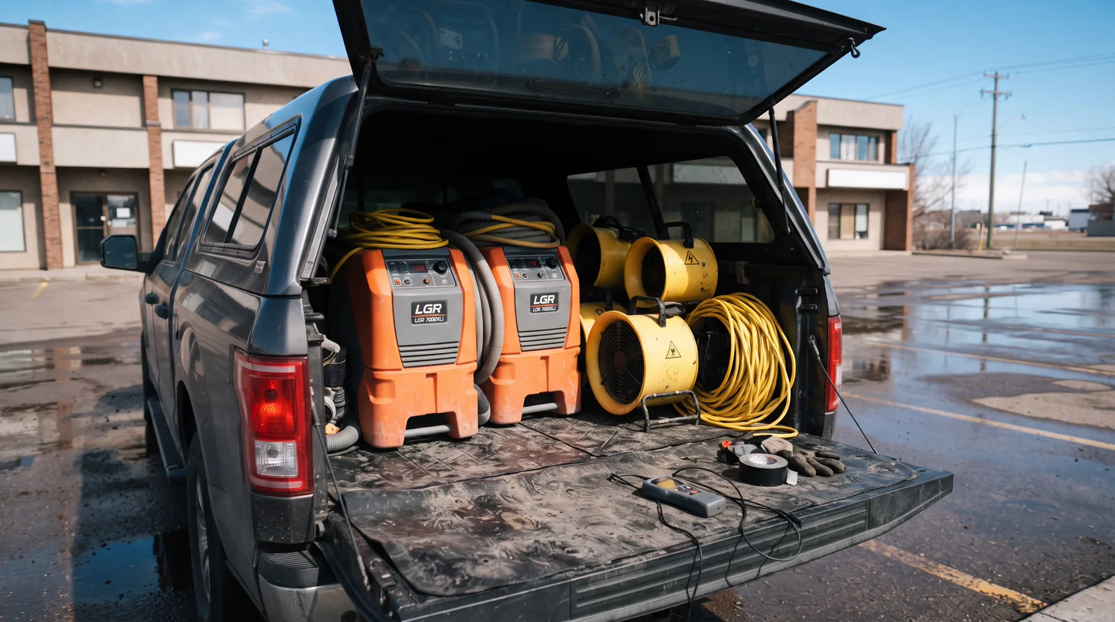 Structural drying equipment staged in a truck bed in Spruce Grove on a bright spring day.