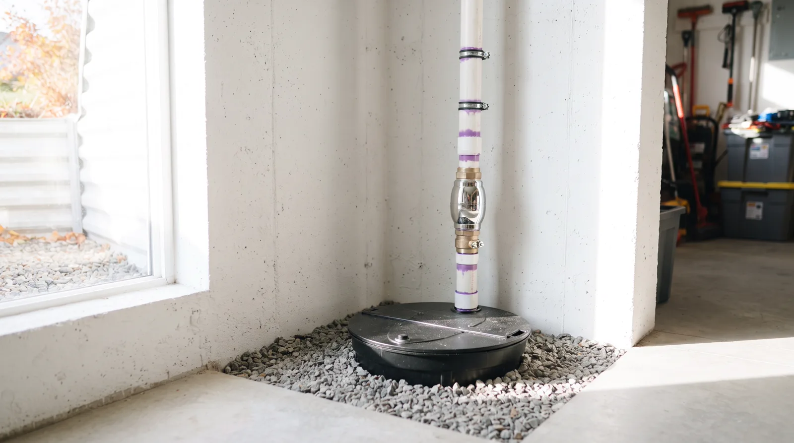 Close-up of PVC discharge pipe and check valve for sump pump installation in Spruce Grove basement