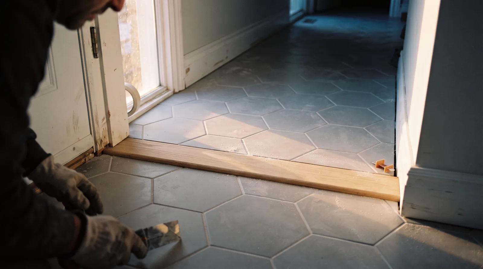 Close-up of hexagonal tile floor installation in Spruce Grove home entryway with precise grout lines.