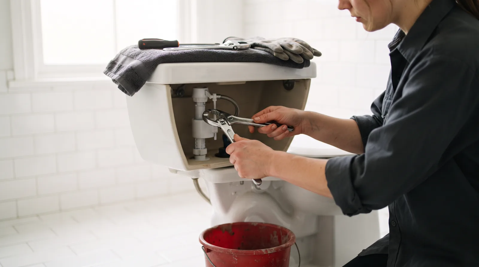 Apprentice repairing toilet mechanisms in a bright Spruce Grove bathroom