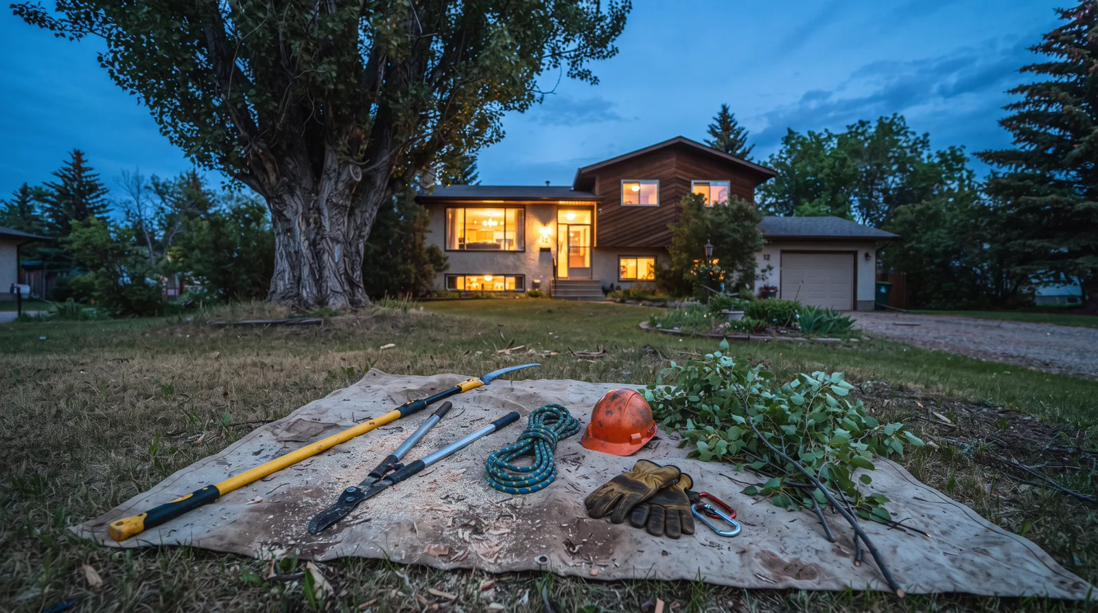 Tree pruning tools and cut branches on a tarp in a Spruce Grove yard at twilight.