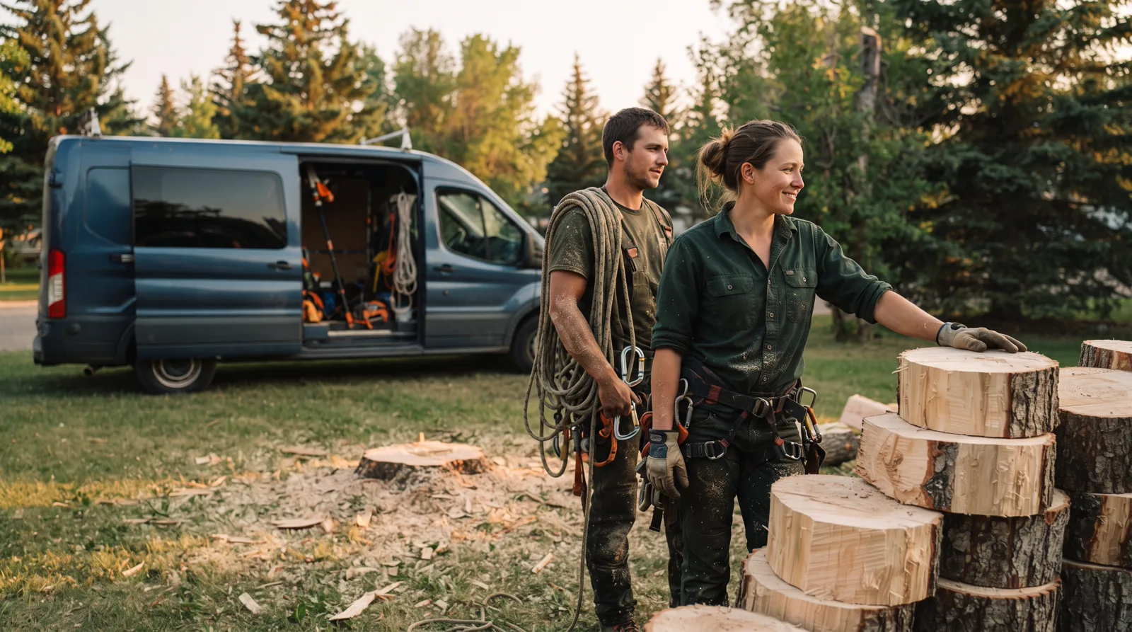Two tree service workers beside stacked wood rounds in a Spruce Grove yard at sunset.
