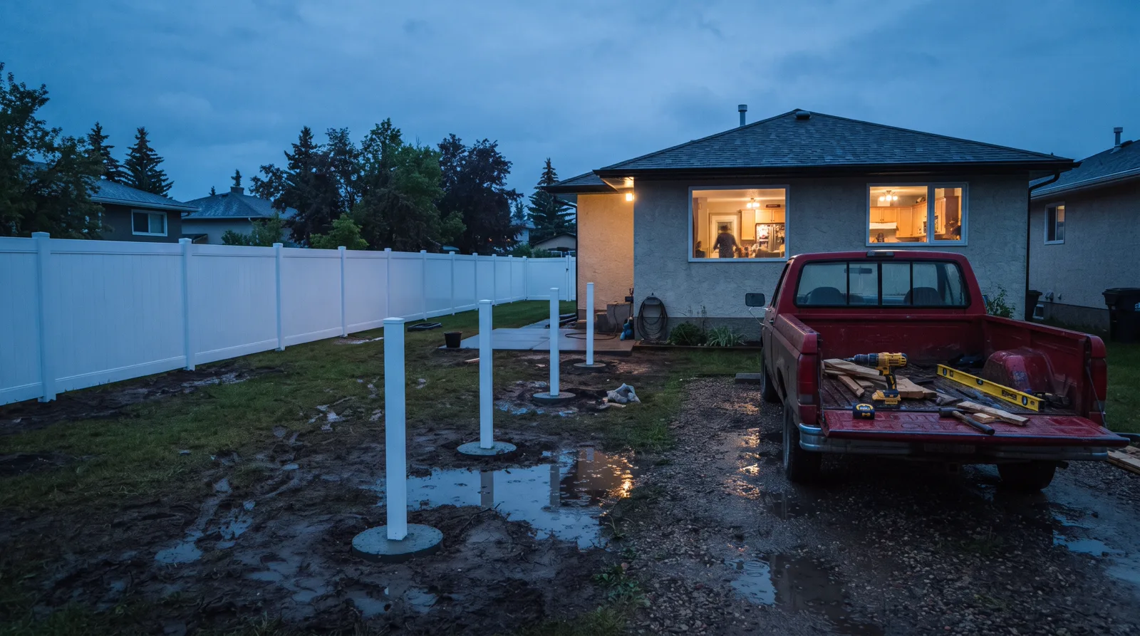 A new vinyl fence at a Spruce Grove home at dusk with a red pickup truck in the driveway.
