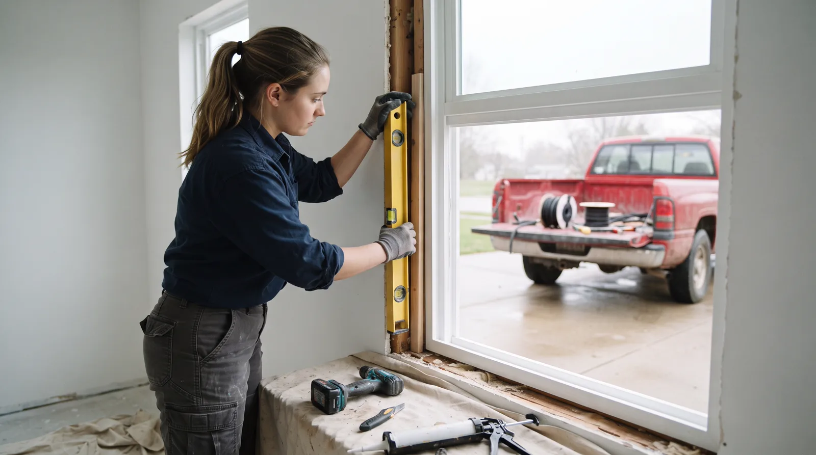 Window installer fits a vinyl window frame in a Spruce Grove living room